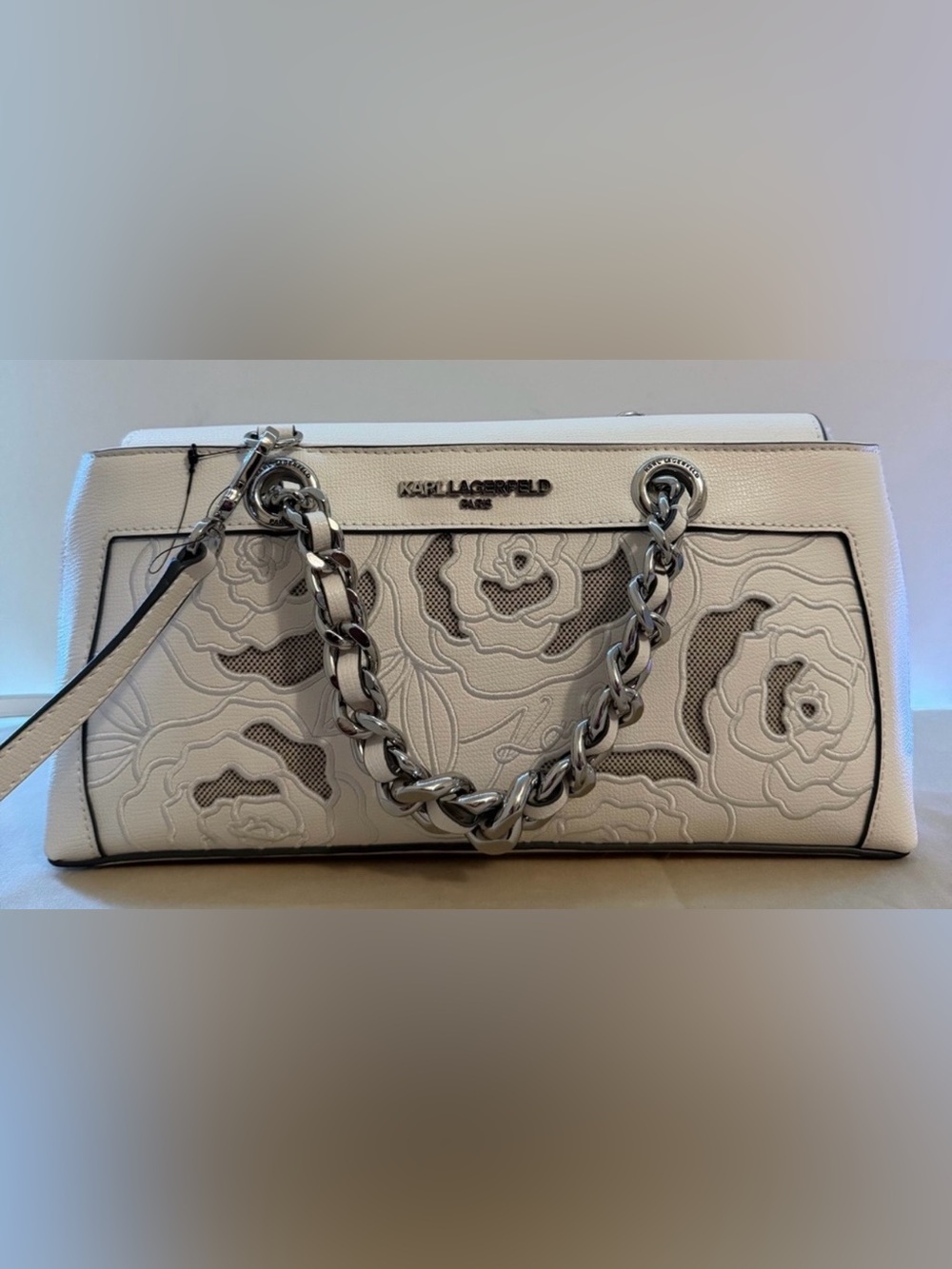 Karl Lagerfeld Cream White Floral Appliqué Heavy Chain Handles Shoulder Bag NWT - Picture 4 of 10